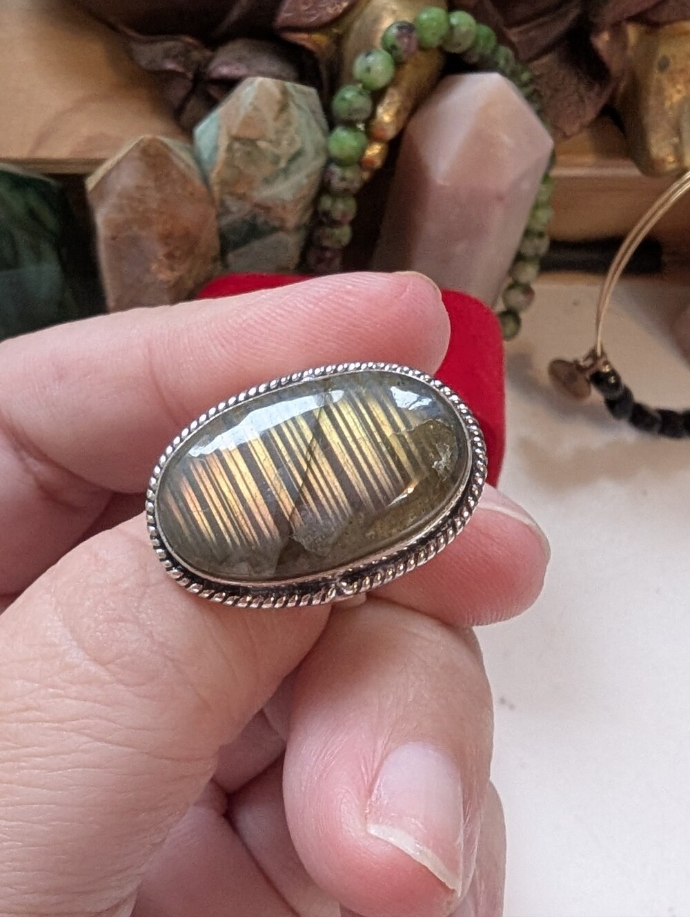 Vintage Handcrafted Sterling Silver Orange 🧡 Flash Labradorite Ring Size 8